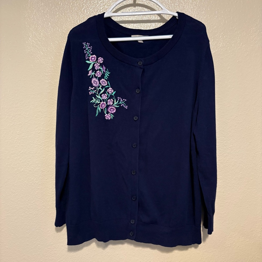 Woman Within 1X Navy Button Cardigan Sweater Purple Embroidered Flowers Greenery